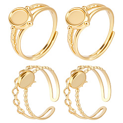 Настоящее золото 14K 4 шт. 2 стили 304 компоненты открытого манжетного кольца из нержавеющей стали, настройки кольца чашки безеля, плоский круглый/овальный, реальный 14 k позолоченный, внутренний диаметр: 17 мм, 2 шт / стиль