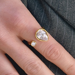 Teardrop 304 Открытые кольца-манжеты из нержавеющей стали с инкрустацией кубическим цирконием для женщин, золотые, слеза, внутренний диаметр: 17.4 мм