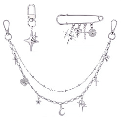 Платиновый & Цвет Нержавейки Наборы для украшения сумок, включая 1шт. подвесной светильник в форме звезды из сплава, 1шт. 304 цепочки из нержавеющей стали, удлинительные цепочки для сумок и 1шт. броши, платины и нержавеющая сталь цвет, цепи: 386 mm