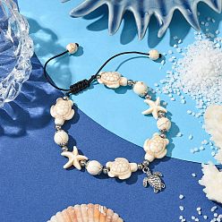 Черный Браслеты из синтетического бирюзового плетения с морскими звездами и черепахами, регулируемые летние пляжные браслеты из сплава с подвесками для женщин, античное серебро, чёрные, внутренний диаметр: 2-1/2~3-3/4 дюйм (6.2~9.6 см)