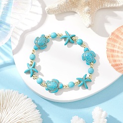 Светло-Голубой Синтетические бирюзовые бусины в виде черепахи и морской звезды, эластичные браслеты для мужчин и женщин, с Гальваническим немагнитных синтетическими гематита бисера, Небесно-голубой, внутренний диаметр: 2 дюйм (5 см)