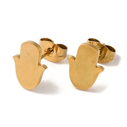 Golden PVD Vacuum Plating 304 Stainless Steel Stud Earrings, Hamsa Hand, Golden, 10.5x7.5mm
