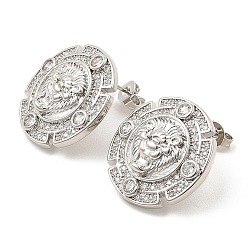 Platinum Brass Micro Pave Cubic Zirconia Stud Earrings, Flat Round with Lion, Platinum, 20.5x20.5mm