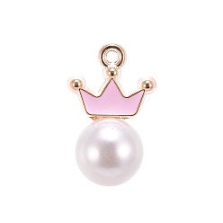 Pink Golden Plated Alloy Pendants, with Enamel and Acrylic Imitation Pearl, Crown, Pink, 19x11.5x10.5mm, Hole: 1.5mm