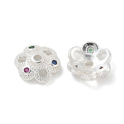 Серебро Латунные микро проложить кубического циркония Шапочки, долговечный, 6-лепестки, цветок, серебряные, 10x3 мм, отверстие : 1.5 мм
