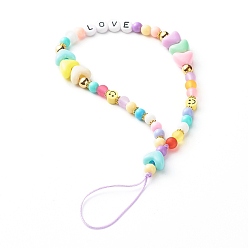 Colorful Acrylic Beads and Opaque Polystyrene Plastic Beads Mobile Straps, with Transparent Acrylic Ball Beads, Polymer Clay Beads, Plastic Beads, Tibetan Style Alloy Daisy Spacer Beads and Nylon Theead, Colorful, 19.5cm