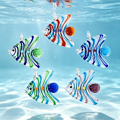 Mixed Color Handmade Lampwork Pendants, Tropical Fish with Stripe Charms, Mixed Color, 45~47x40~42x10~11mm, Hole: 4.5~5mm