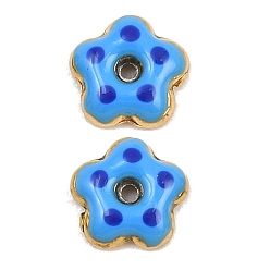 Blue 304 Stainless Steel Enamel Beads, Flower, Ion Plating(IP), Golden, Blue, 6x6x2mm, Hole: 0.7mm