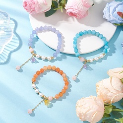 Малайский Нефрит 3шт. 3 браслеты с подвесками из акрила с цветами разных цветов, Браслеты из круглых бусин из натурального окрашенного машанского нефрита и ракушечного жемчуга для женщин, внутренний диаметр: 2-1/8 дюйм (5.5 см), 1 шт / цвет