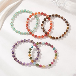 (52) Непрозрачная лаванда Эластичные браслеты для женщин из кубиков натуральных драгоценных камней и бусин из нержавеющей стали., разноцветные, бусины : 5.5x5.5x5.5 мм, внутренний диаметр: 2.09 дюйм (5.3 см)