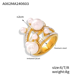Золотой Кольца из нержавеющей стали, с имитацией жемчуга и фианитами, для женщин, золотые, размер США 6 (16.5 мм)