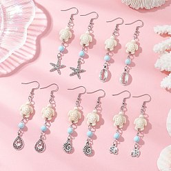 Античный Серебристый & Платиновый Женские серьги-подвески в морском стиле с синтетической бирюзой и натуральным говлитом, с 304 крючками для сережек из нержавеющей стали и подвесками из сплава, старинное серебро и платина, 74~82.5x14.5~17.5 мм