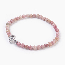 Rhodochrosite Natural Rhodochrosite Beads Stretch Bracelets, with Brass Micro Pave Cubic Zirconia Beads, Platinum, 2-1/8 inch(5.3cm)~2-1/8 inch(5.5cm)
