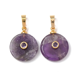 Аметист Подвески из натурального полосатого аметиста, Плоские круглые подвески в виде монет с латунными микрофибровыми кристаллами., золотые, 20x16x6 мм, отверстие : 7x4 мм