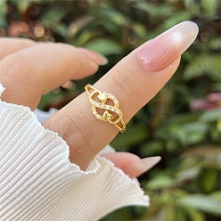 Real 18K Gold Plated Brass Micro Pave Cubic Zirconia Cuff Open Rings for Women, Heart, Real 18K Gold Plated, US Size 4 1/4(15mm)~20mm