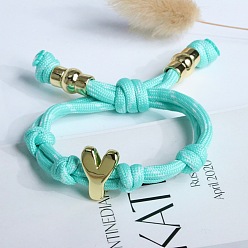 Голубой Браслеты из хлопкового шнура с плетеным узлом и буквой Y, латунные подвески в виде букв алфавита для женщин и мужчин, золотые, голубой, внутренний диаметр: 1.97~2.76 дюйм (5~7 см)