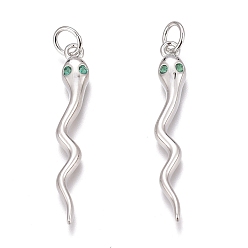 Real Platinum Plated Brass Micro Pave Green Cubic Zirconia Pendants, Long-Lasting Plated, Snake Shape, Real Platinum Plated, 24x3.5x2mm, Hole: 2.5mm