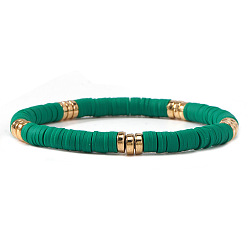 Темно-Зеленый Эластичные браслеты из латуни и полимерной глины с бусинами хейши для женщин, темно-зеленый, 6.89 дюйм (17.5 см)