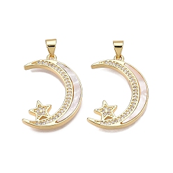 Настоящее золото 18K Латунные микропаве прозрачные подвески с фианитом, без кадмия и без свинца, с оболочкой, звездные и лунные чары, реальный 18 k позолоченный, 25.5x18.5x2.5 мм, отверстие : 5x3.5 мм