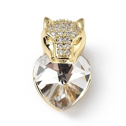 Clear Real 18K Gold Plated Rack Plating Brass Micro Pave Clear Cubic Zirconia Pendants, with Glass, Long-Lasting Plated, Cadmium Free & Lead Free, Leopard with Heart Charm, Clear, 20x12x10.5mm, Hole: 5x4mm
