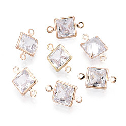 Light Gold Латунные подвески-звенья/соединители с прозрачными кубическими циркониями, квадратный, золотой свет, 12x7x3 мм, отверстие : 1 мм