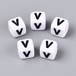 Letter V Opaque Acrylic Beads, Cube with Number, with Enamel, Black, Letter V, 7.5~8x7.5~8x8~8.5mm, Hole: 3.6~4mm, about 1200pcs/500g