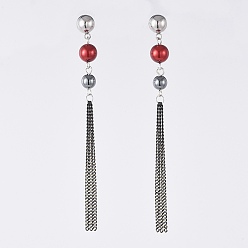 Red Dangle Stud Earrings, with 304 Stainless Steel Stud Earring Findings, Non-Magnetic Synthetic Hematite Beads and Brass Twisted Curb Chains, Red, 90mm, Pin: 0.8mm
