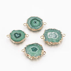 Темный Морско-зеленый Соединители звеньев естественного окрашенного кварца, с латунной фурнитурой , плоско-круглые, золотые, темно-зеленый, 24.5~33x16~23x4~6 мм, отверстие : 2~2.5 мм