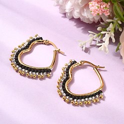 Black Glass Seed Hoop Earrings for Women, Heart, 201 Stainless Steel Hoop Earrings, Golden, Black, 32.5x30.5x2.5mm