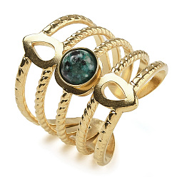 Рубин В Цоизита Натуральный рубин в кольцах из зоизита, Каплевидная форма 304 многослойные открытые манжетные кольца из нержавеющей стали с ионным покрытием (IP), реальный 18 k позолоченный, 24 мм, регулируемый