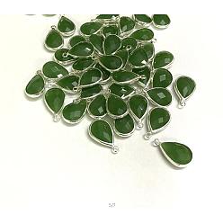 Olive Drab Silver Color Plated Brass Glass Teardrop Pendants, Faceted, Olive Drab, 18x10x5mm, Hole: 2mm