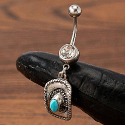 Hat Ковбойская тема 304 изогнутые кольца для живота в форме штанги из нержавеющей стали с паве из синтетической бирюзы, античное серебро, шляпа, 44x12 мм