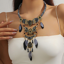 Черный Ожерелья-капли в стиле бохо из сплава, гагата, крашеных перьев и полиэстеровой ткани для женщин, античная бронза, чёрные, 18.70 дюйм (47.5 см)