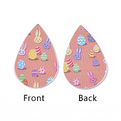 Легкий Лосось Искусственная кожа большая слезинка с подвесками зайчика, Пасхальная тема, с рисунком кролика и яйца, светлый померанцевый, 55~56.5x35~37x2 мм, отверстие : 1~2 мм
