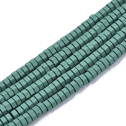 Teal Spray Painted Non-magnetic Synthetic Hematite Beads Strands, Hexagon, Teal, 4x2mm, Hole: 0.9mm, about 82~87pcs/strand, 16.14 inch(41cm)
