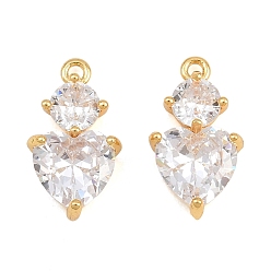 Clear Brass Pave Cubic Zirconia Pendants, Heart with Round Charms, Real 18K Gold Plated, Clear, 17x9x5mm, Hole: 1.4mm
