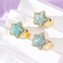 Амазонит Звездный натуральный амазонит кубический цирконий манжеты кольца, латунные регулируемые кольца для женщин, золотые, 17.5x18.5 мм