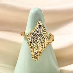 Настоящее золото 16K Латунные микропаве прозрачные кубические цирконии регулируемые открытые манжеты кольца для женщин, без кадмия и без свинца, форма раковины, реальный 16 k позолоченный, регулируемый; 25.5x13мм