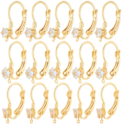 Real 18K Gold Plated 30Pcs 3 Styles Brass Micro Pave Clear Cubic Zirconia Leverback Earring Findings, Nickel Free, Real 18K Gold Plated, 18.5~19.5x3.5~5x11.5~13mm, Hole: 0.8mm, Pin: 0.9mm, 10pcs/style