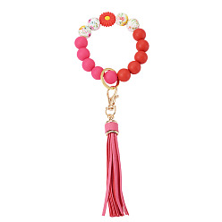 Золотой Брелки с кисточками из силиконовых круглых бусин и искусственной кожи, с кольцами для ключей из сплава, подсолнечник, золотые, 240 мм