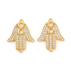 Настоящее золото 18K Латунные микропаве прозрачные подвески с фианитом, хамса рука, реальный 18 k позолоченный, 21.3x17x1.7 мм, отверстие : 1.2 мм