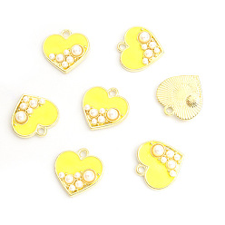 Желтый Подвески из эмали и сплава, с пластиковой имитацией жемчуга, шарма сердца, золотые, желтые, 17.5x17.6 мм
