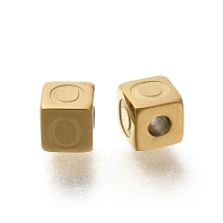 Letter O Ионное покрытие (ip) 304 шарики из нержавеющей стали, куб с письмом, реальный 14 k позолоченный, Письмо O, 5x5x5 мм, отверстие : 2 мм