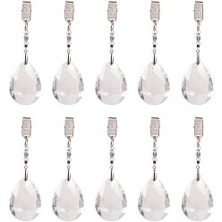 Clear Tablecloth Pendants, with Glass Big Pendants, Iron Clips, Iron Jump Rings and Brass Pinch Bails, teardrop, Clear, 15x11x9cm