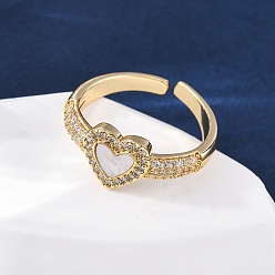 Сердце Латунные кольца-манжеты с микропаве из кубического циркония, без кадмия и без свинца, стойки покрытие, реальный 18 k позолоченный, долговечный, сердце, внутренний диаметр: 17 мм