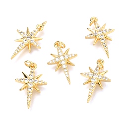 Настоящее золото 18K Латунные микропаве прозрачные подвески с фианитом, с прыжковых колец, звезда, реальный 18 k позолоченный, 18.8x12x2.9 мм, отверстие : 2.4 мм
