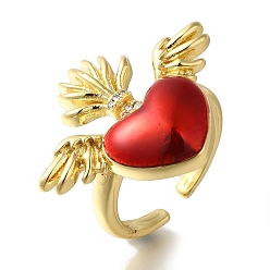 (123L) Белый крем непрозрачный блеск Покрытие стойки латунные прозрачные кольца с фианитом открытые манжеты, эмалированное сердце с кольцом-крылом для женщин, без кадмия и без свинца, долговечный, огнеупорный кирпич, Сердце: 24x29 mm