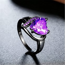 Средняя Орхидея Кольца для пальцев в форме сердца из латуни с микропаве из кубического циркония, металлический черный , средне орхидеи, размер США 9 (18.9 мм)