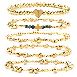 Золотой 5 Браслеты из латуни и натуральных бусин африканской бирюзы (яшмы) для женщин, эластичные., круглая фигурка и сердечко с буквой Т., золотые, регулируемый