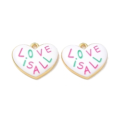 Colorful Printed Brass Pendants, Heart with Word LOVE IS ALL Charms, Rack Plating, Long-Lasting Plated, Lead Free & Cadmium Free, Real 18K Gold Plated, Colorful, 17x20.5x3.5mm, Hole: 2mm